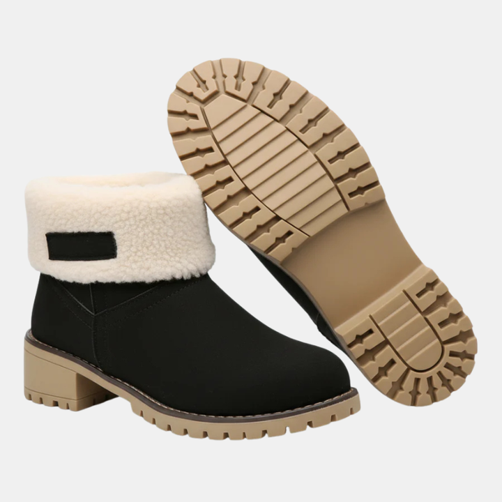 Ankle boots in black with beige faux-fur cuff and block heel, lug sole
