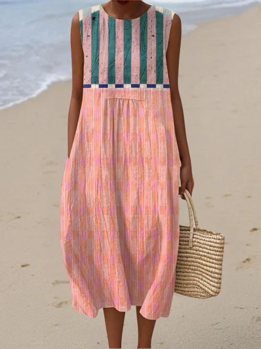 Pastel striped sleeveless midi dress with round neckline and gathered skirt