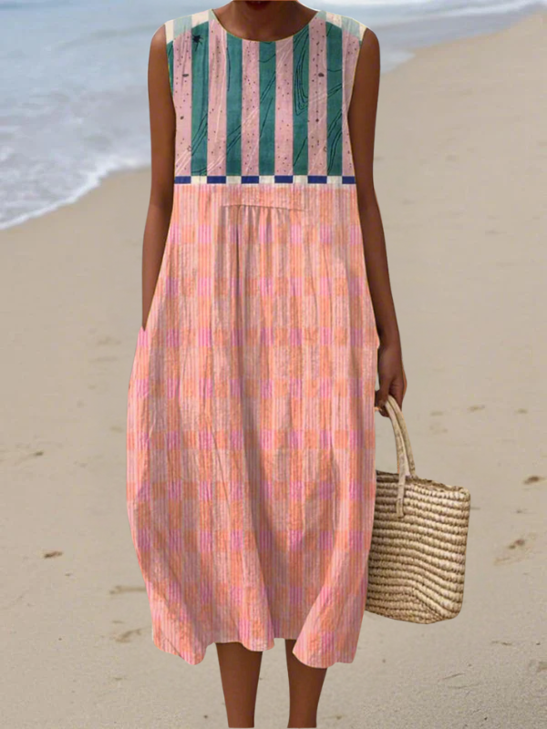 Pastel striped sleeveless midi dress with round neckline and gathered skirt