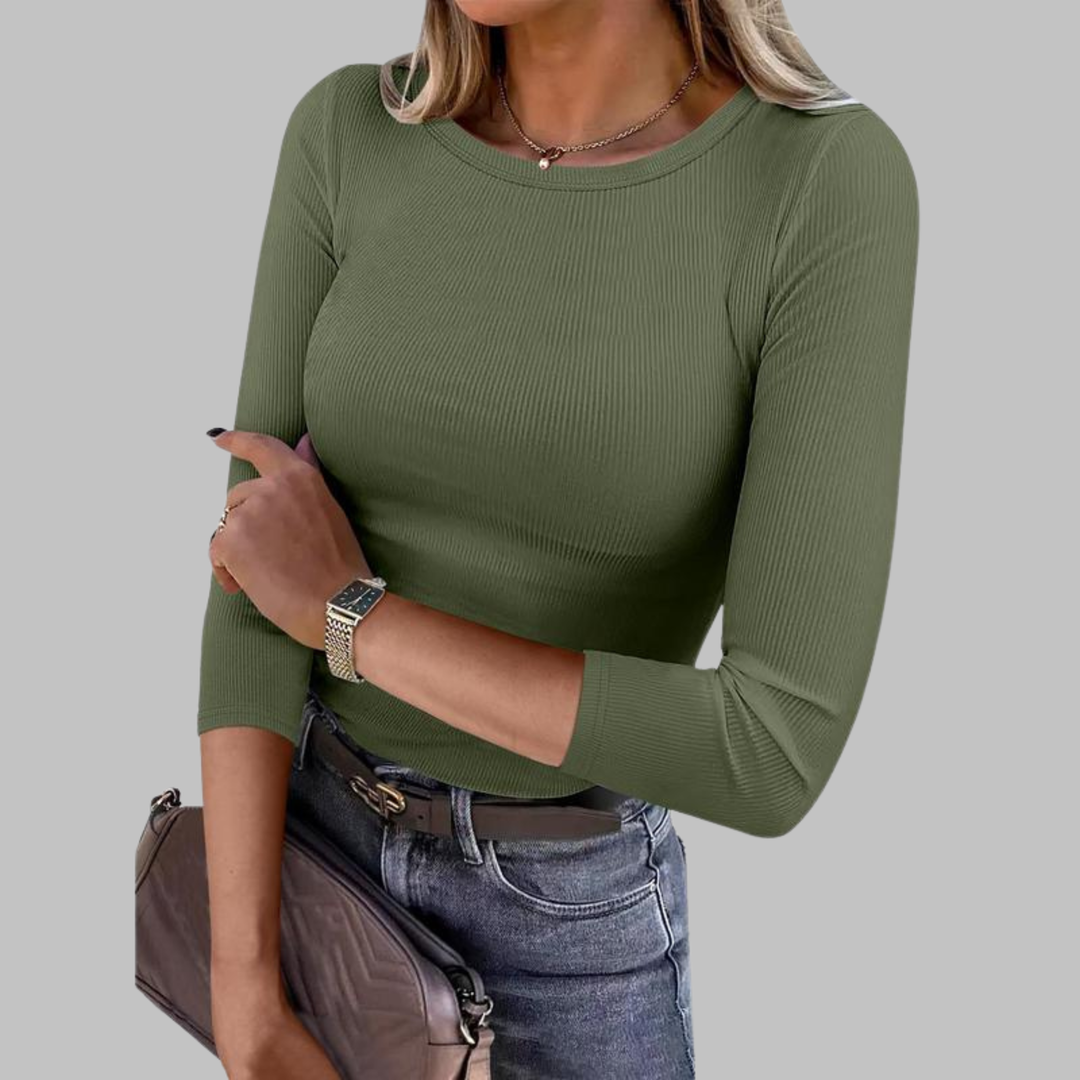 Slim-fit crewneck top, green, ribbed knit with 3/4 sleeves