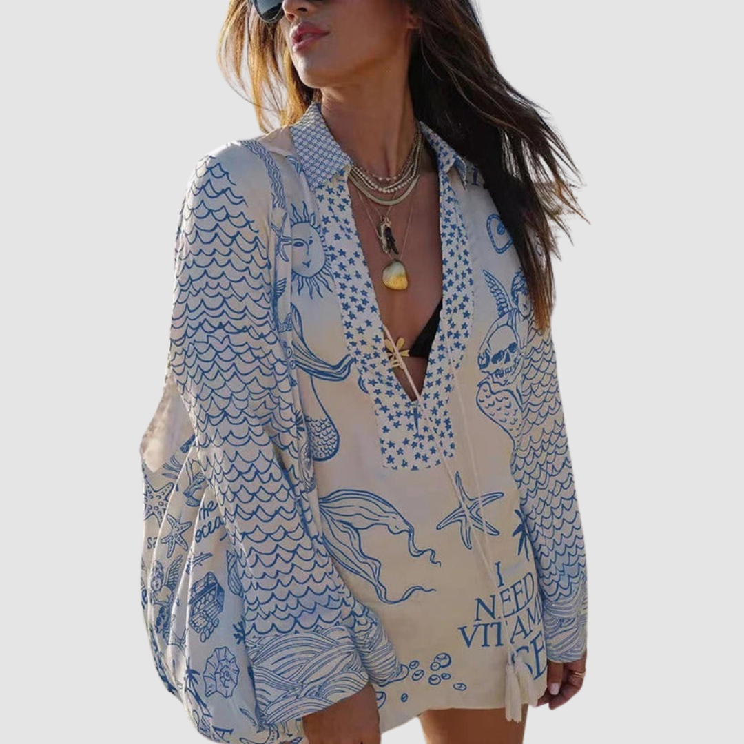 Olivia™ two-piece set in blue tones: long-sleeve V-neck printed shirt with elastic-waist shorts