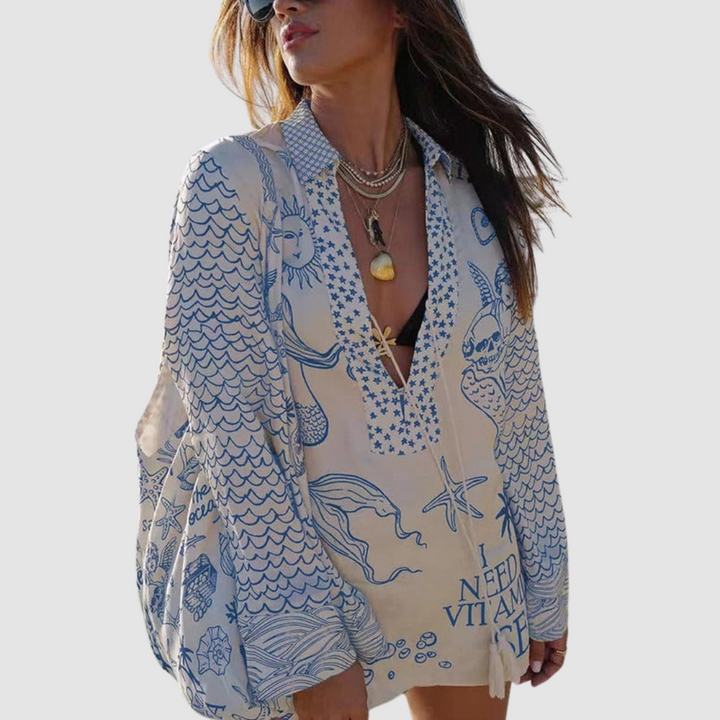 Olivia™ two-piece set in blue tones: long-sleeve V-neck printed shirt with elastic-waist shorts