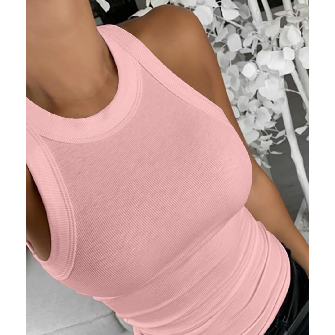 Pink sleeveless pullover top with crew neckline and ribbed texture