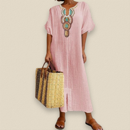 Embroidered pink maxi dress with keyhole neckline and short sleeves, loose fit