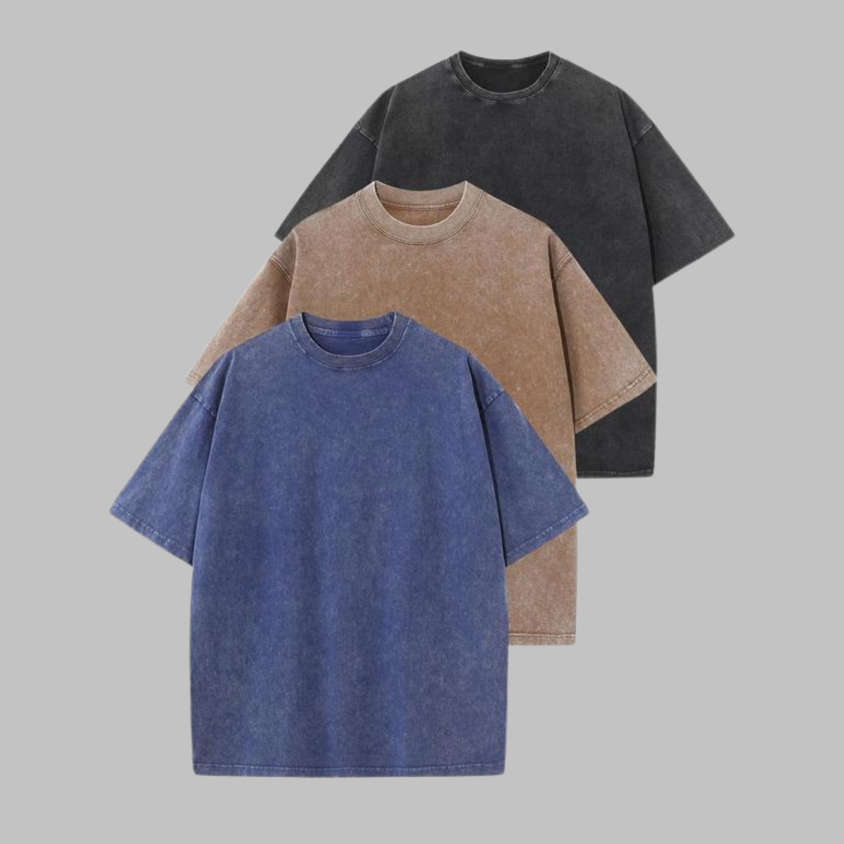 Washed crew-neck oversized T-shirt set of 3: charcoal, tan, blue
