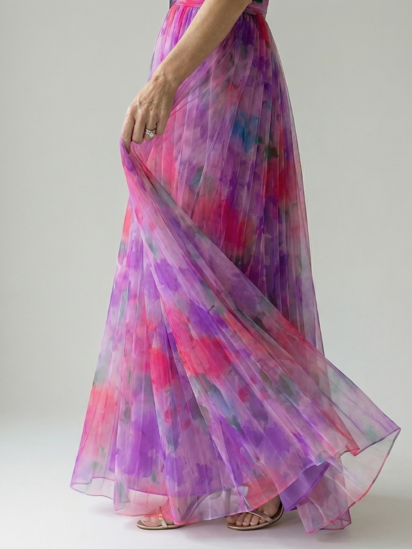 Pink purple multicolor soft wrap maxi dress draped side detail, flowing sheer skirt