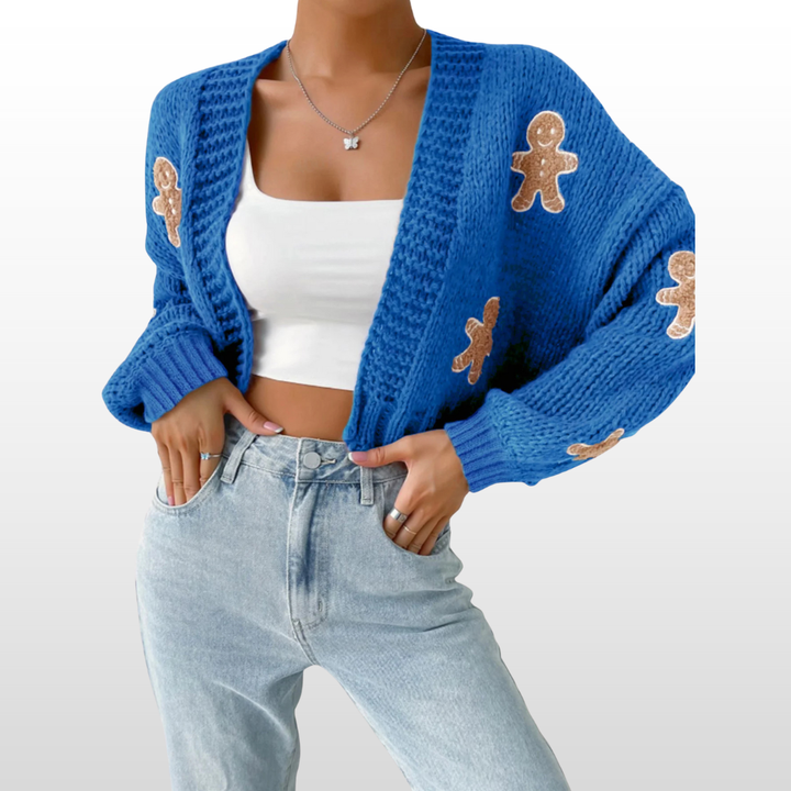 NOIME™ blue knit cardigan with gingerbread appliques, open front, long sleeves