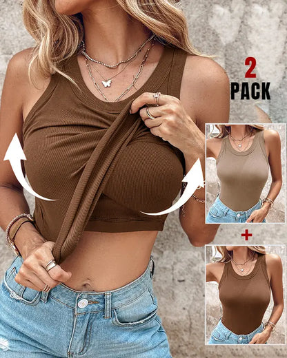 Khaki built-in bra tank top with scoop neck and close-fitting arm openings