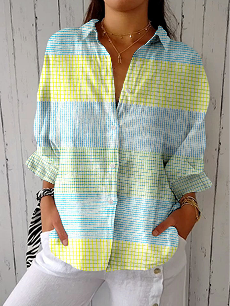 Pastel grid blouse with button front, collared neckline, long sleeves