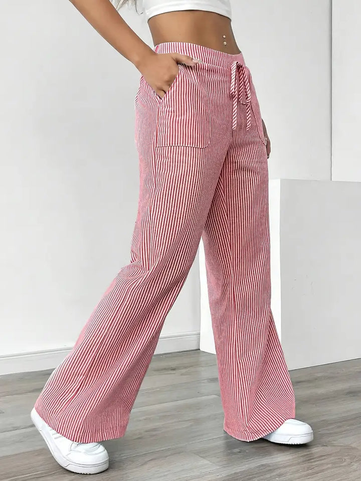 Pink striped wide-leg pants with drawstring waist and side pockets