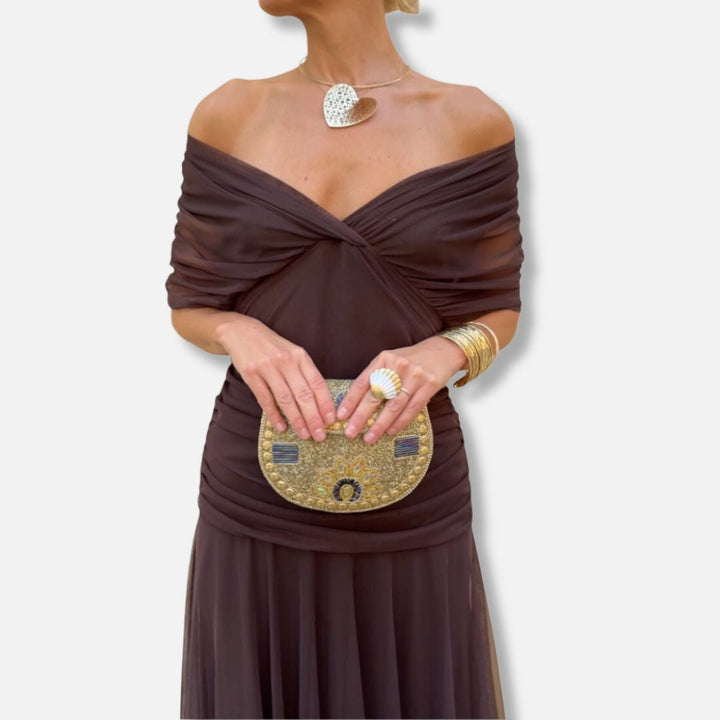 Brown twisted off-shoulder V-neck dress with ruched waist and pleated skirt