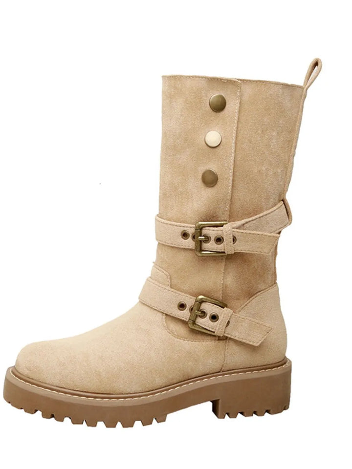 Khaki winter fur high boots with two buckle straps and plush collar
