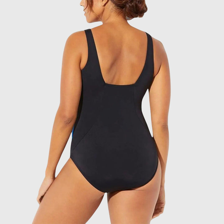 Shaping swimsuit back view in black, high-cut leg, smooth scoop back
