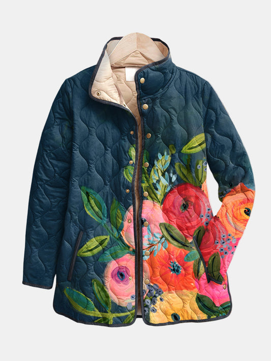 Quilted floral print jacket, dark teal/navy with stand collar and snap buttons
