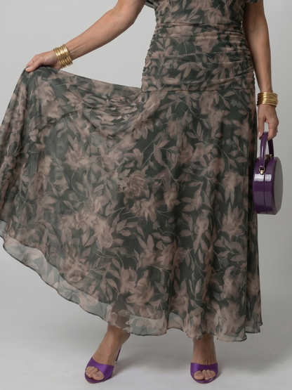 Dark green leaf-print flow midi dress skirt with airy layered fabric