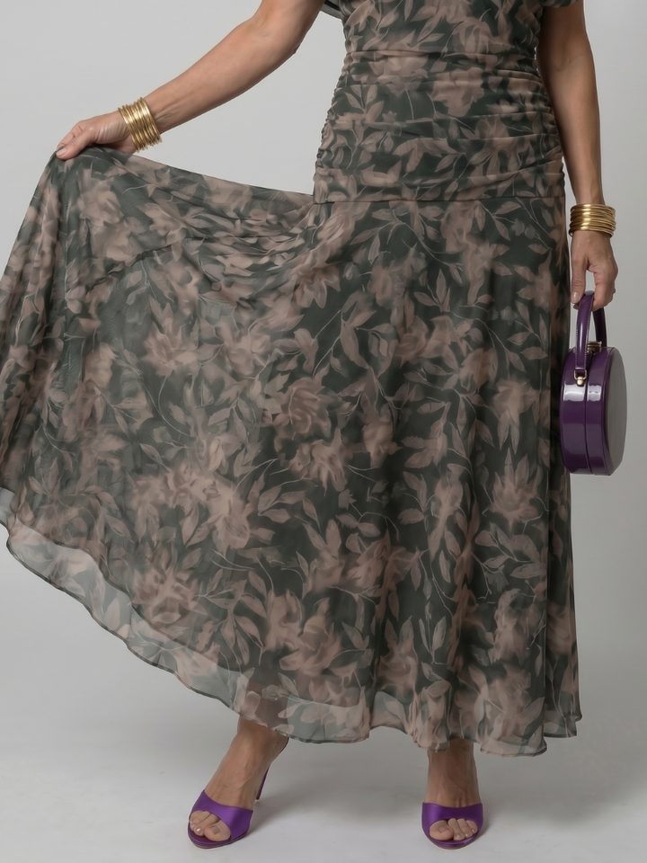 Dark green leaf-print flow midi dress skirt with airy layered fabric