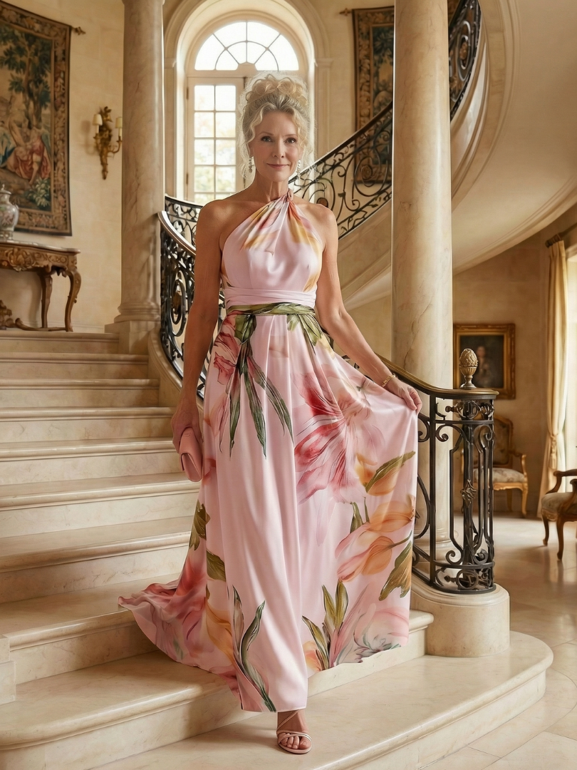 Ivory halter maxi dress with pink floral print, draped bodice and matching waist sash