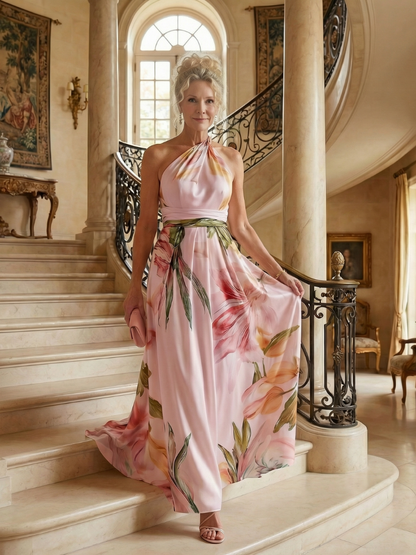 Ivory halter maxi dress with pink floral print, draped bodice and matching waist sash