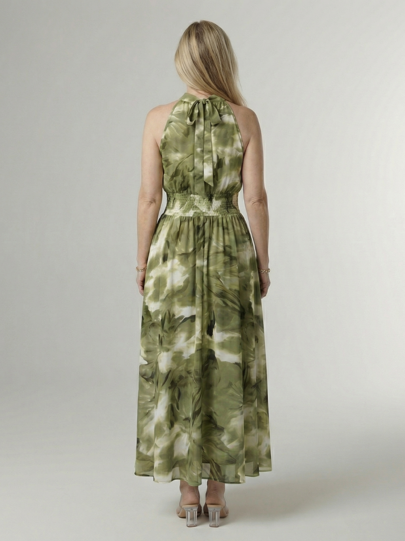 Gathered halter midi dress in green abstract print with smocked back and waist tie