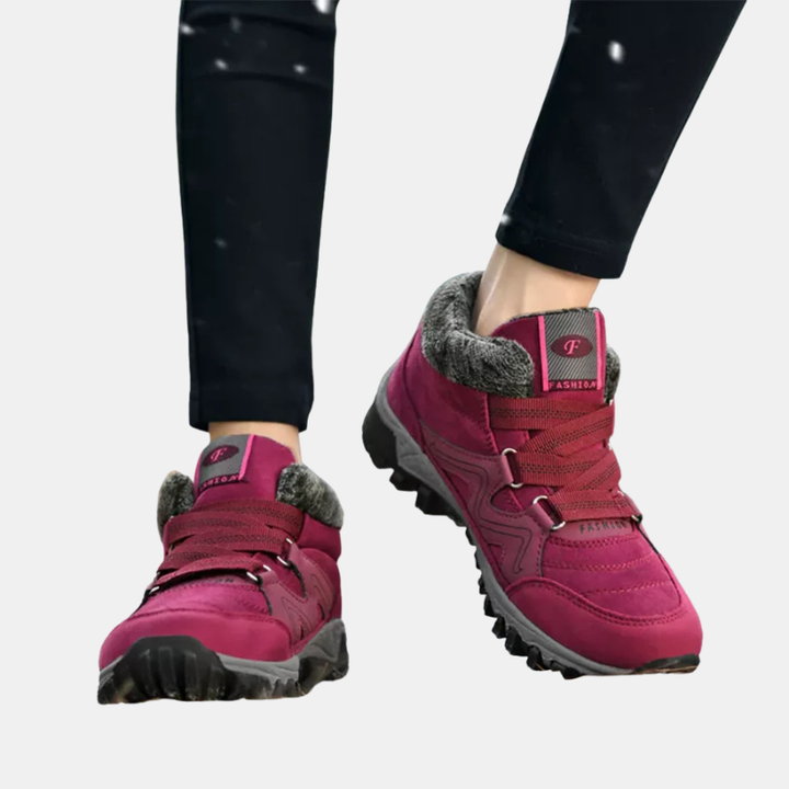 Burgundy orthopedic shoes with hook-and-loop straps and padded fuzzy collar