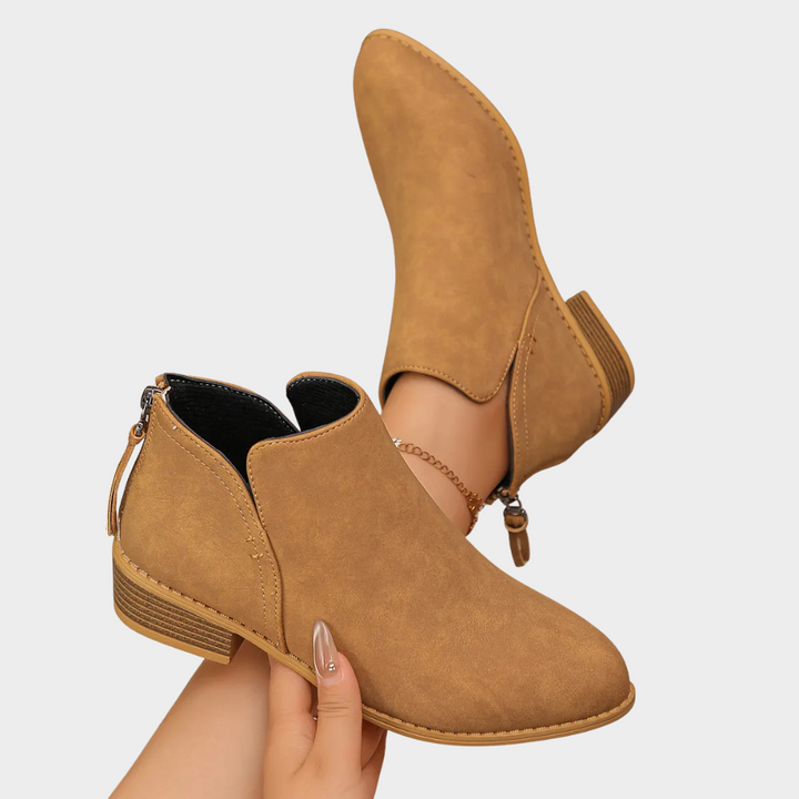 Light brown ankle boots with low heel, side zipper, and small pull tab