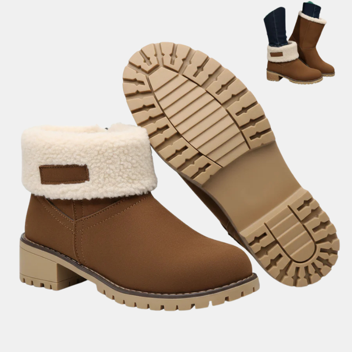 Women’s brown ankle boots with sherpa cuff and rugged tread sole with block heel