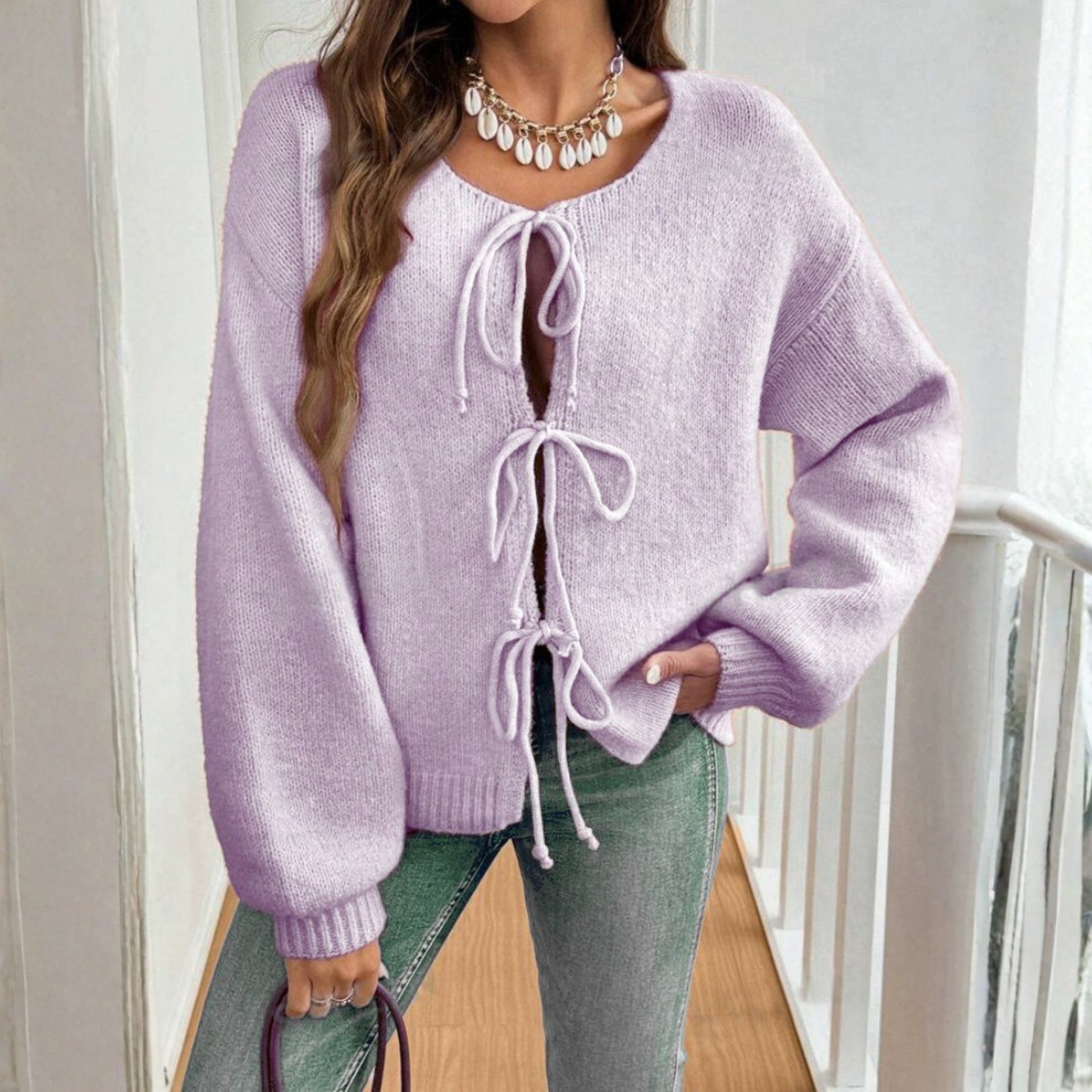 Lilac tie-front knit cardigan with long sleeves, round neck, lace-up bow ties