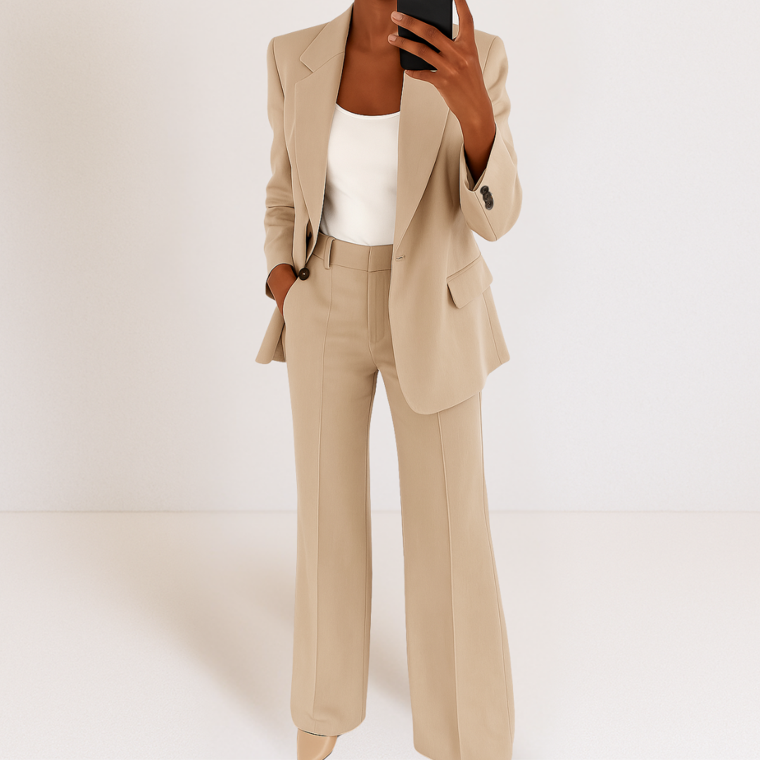 Cream two-piece suit set with tailored blazer and matching trousers, notched lapel and flap pockets.