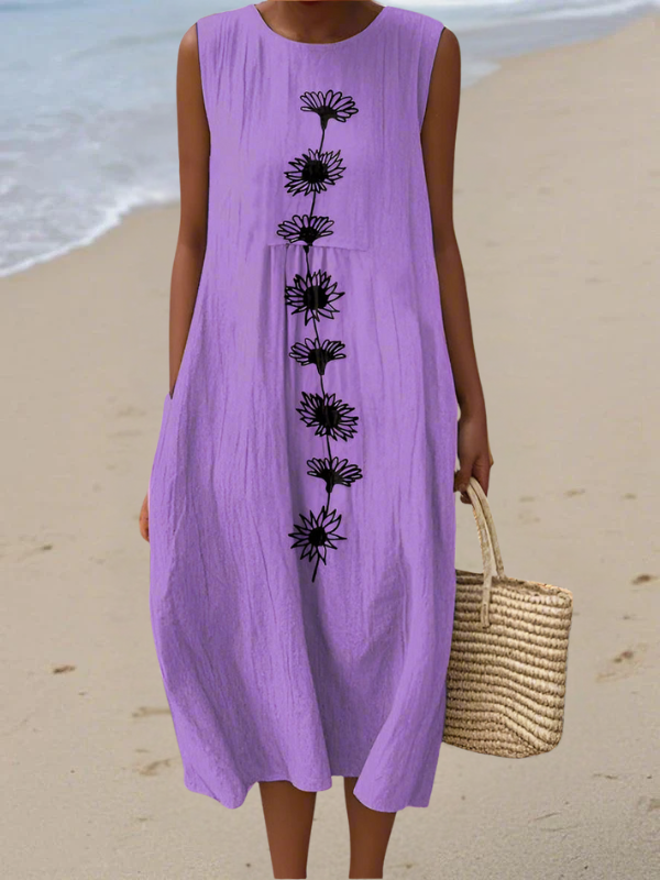 Lavender sleeveless midi dress with vertical black floral print