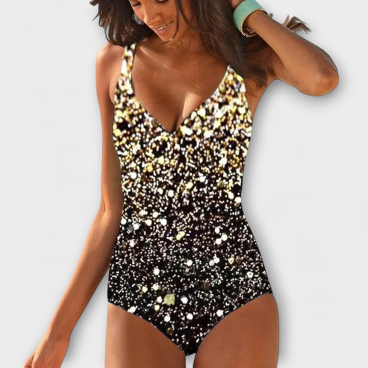 Gold, black and white speckled one-piece swimsuit with V-neck