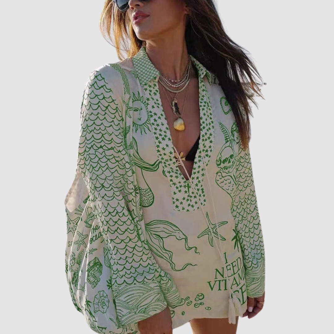 Olivia™ two-piece set in green tones: long-sleeve V-neck printed shirt and elastic-waist shorts