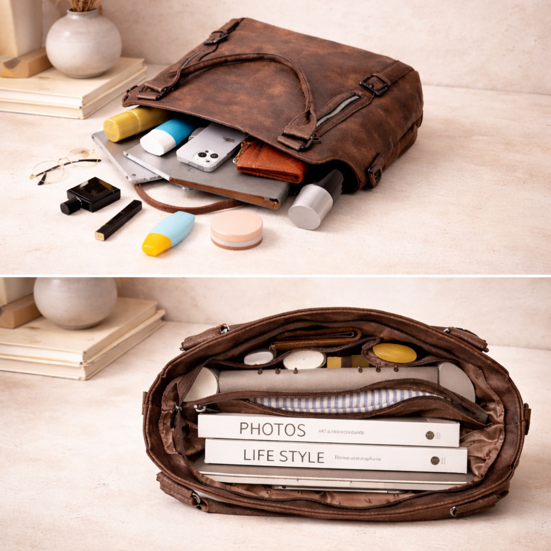 Brown leather-look tote bag with top handle and zippered front pockets