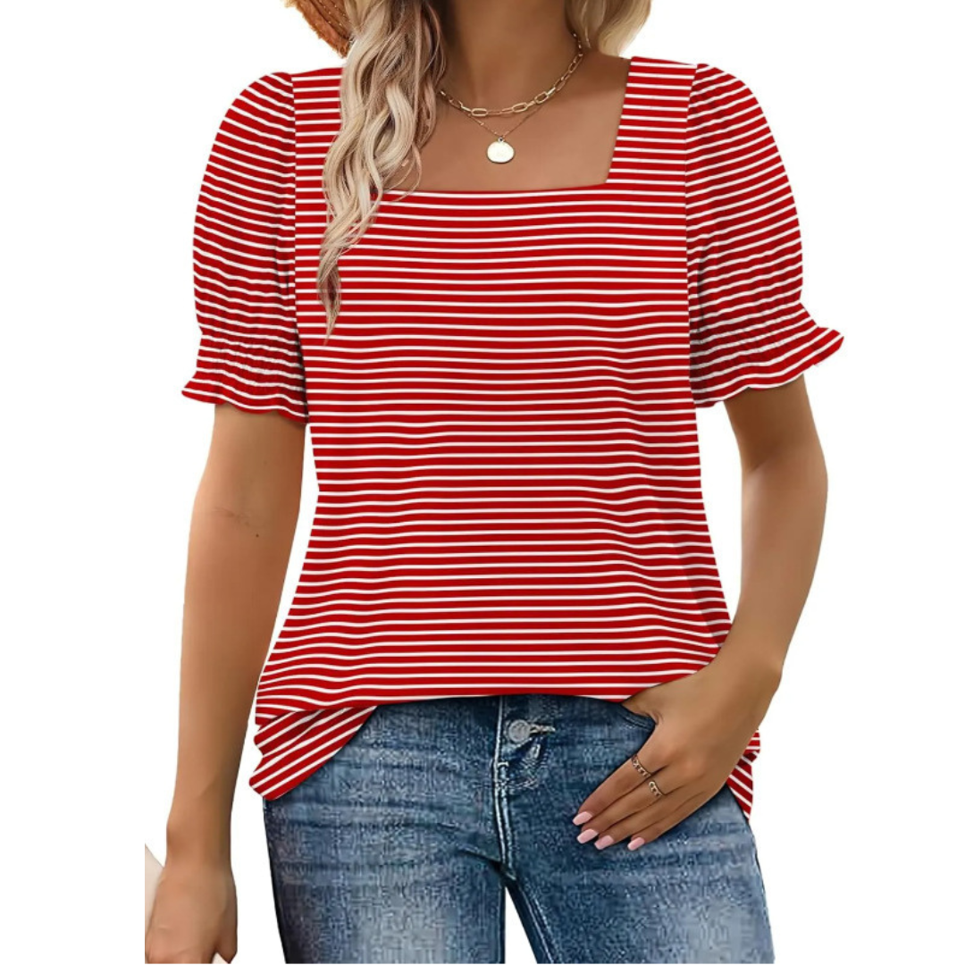 Women’s striped ruffle-sleeve top, red and white horizontal stripes