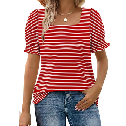 Women’s striped ruffle-sleeve top, red and white horizontal stripes