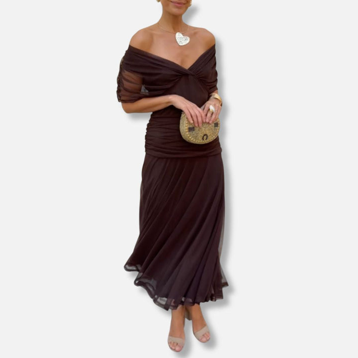 Brown wrap-style midi dress with twisted off-shoulder V-neck and pleated hem