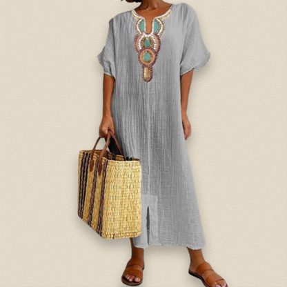Embroidered grey maxi dress with keyhole neckline and short sleeves, loose fit