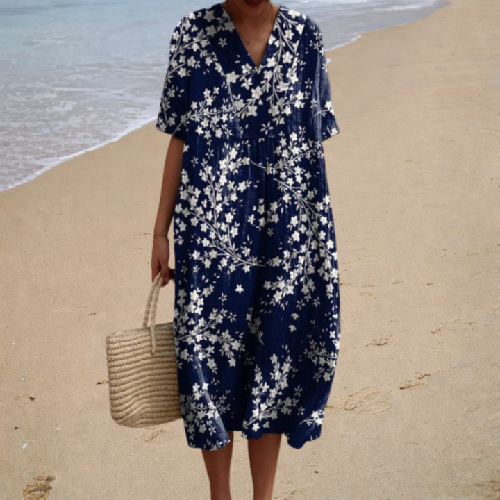 Floral summer dress with V-neck and short sleeves, navy with white floral print