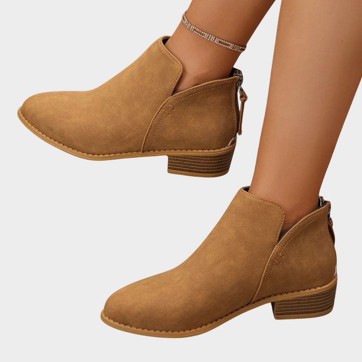 Light brown ankle boots with low block heel and side zipper with pull tab