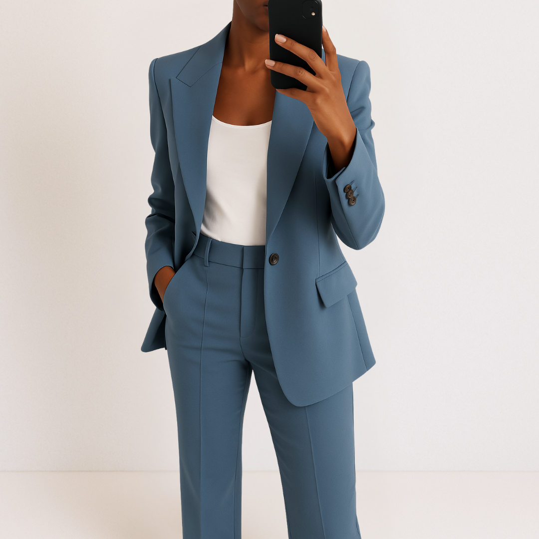 Blue two-piece suit set with tailored blazer and matching trousers, notched lapel and flap pockets.