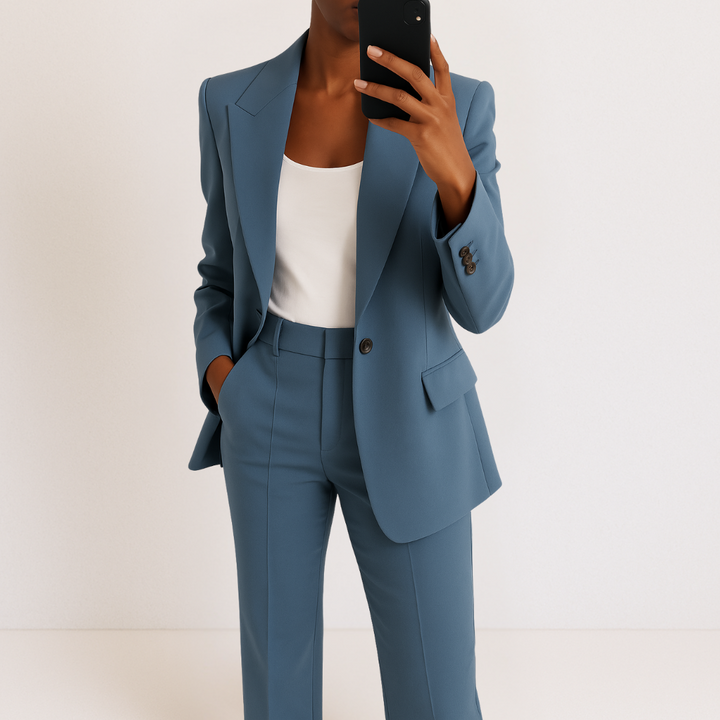 Blue two-piece suit set with tailored blazer and matching trousers, notched lapel and flap pockets.