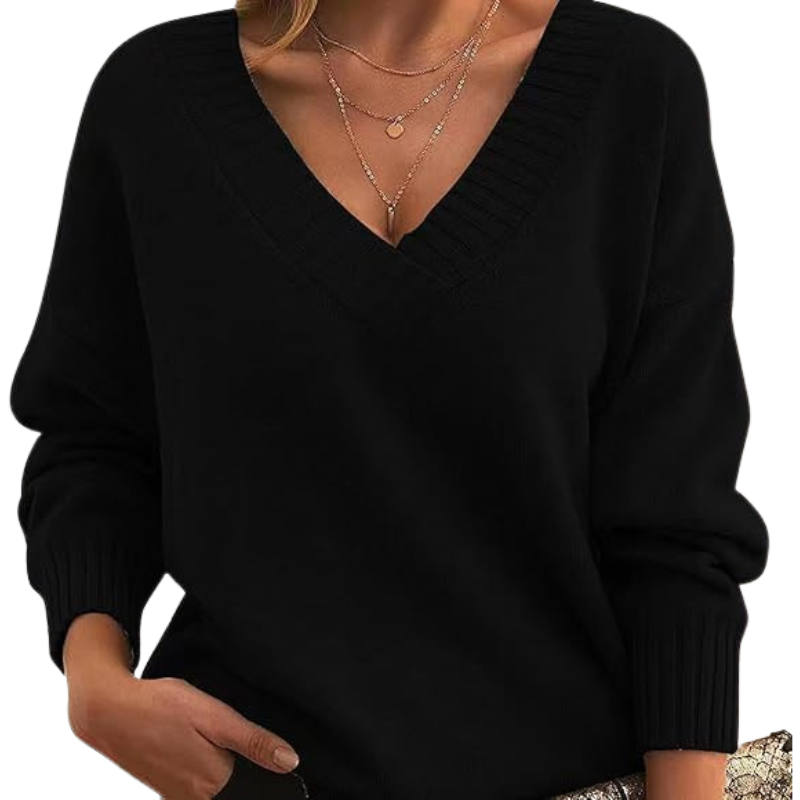 Lightweight V-neck sweater, black knit with ribbed V-neck and cuffs