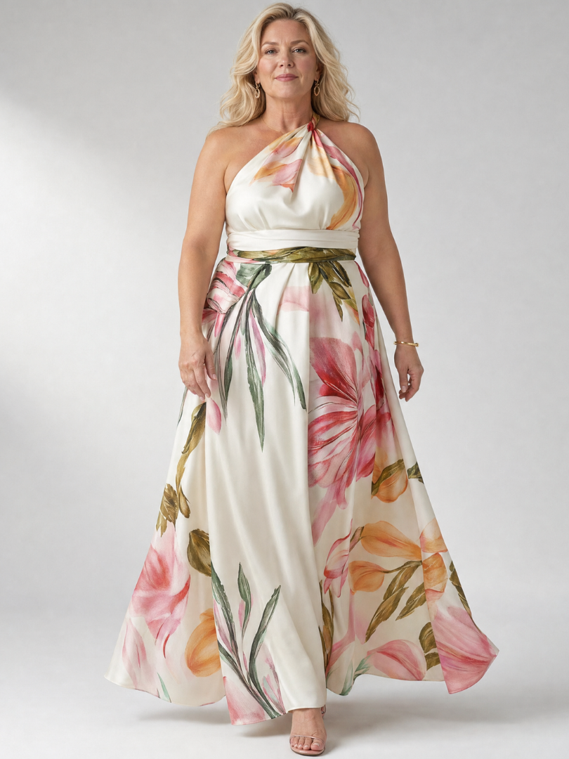 Ivory halter maxi dress with multicolor floral print, keyhole tie neckline and full skirt