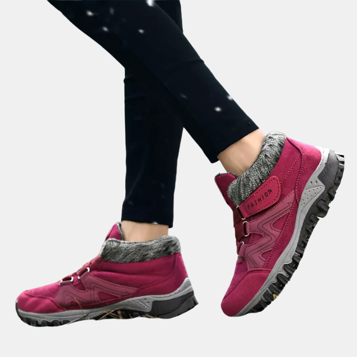 Magenta orthopedic shoes with hook-and-loop straps and padded fuzzy collar