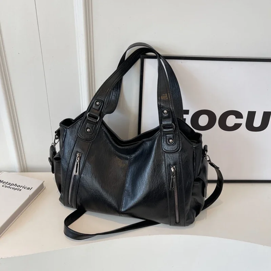 Dual-zipper large-capacity shoulder bag, black with shoulder strap and front zip pockets