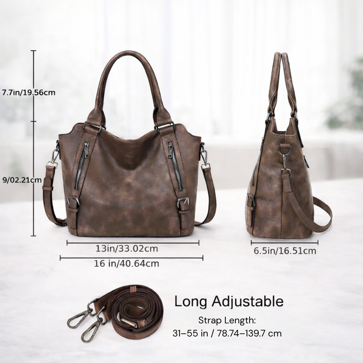 Brown leather-look hobo tote bag with adjustable long shoulder strap and twin zips