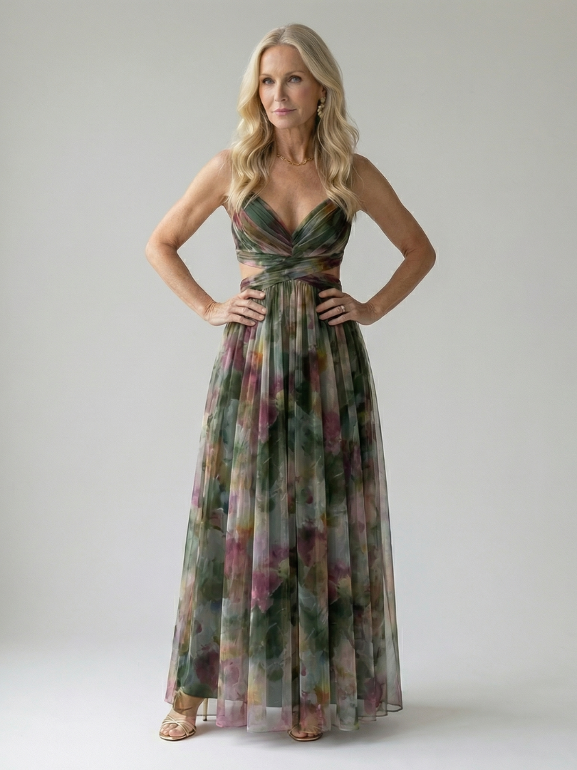 Maxi wrap dress, sleeveless V-neck, twist-front bodice, multicolor green-pink print skirt