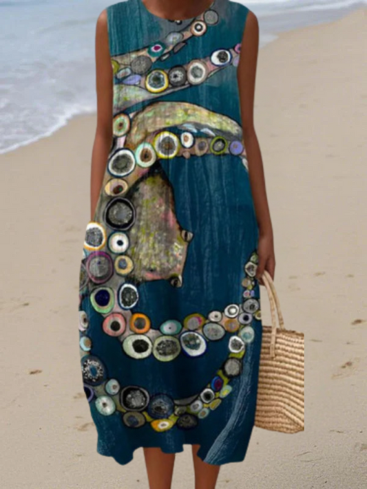 Sleeveless nautical midi dress in teal with multicolor circular pattern and round neckline