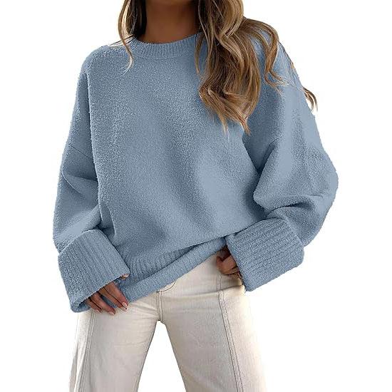 Long sleeve crewneck pullover sweater, light blue with ribbed cuffs and hem