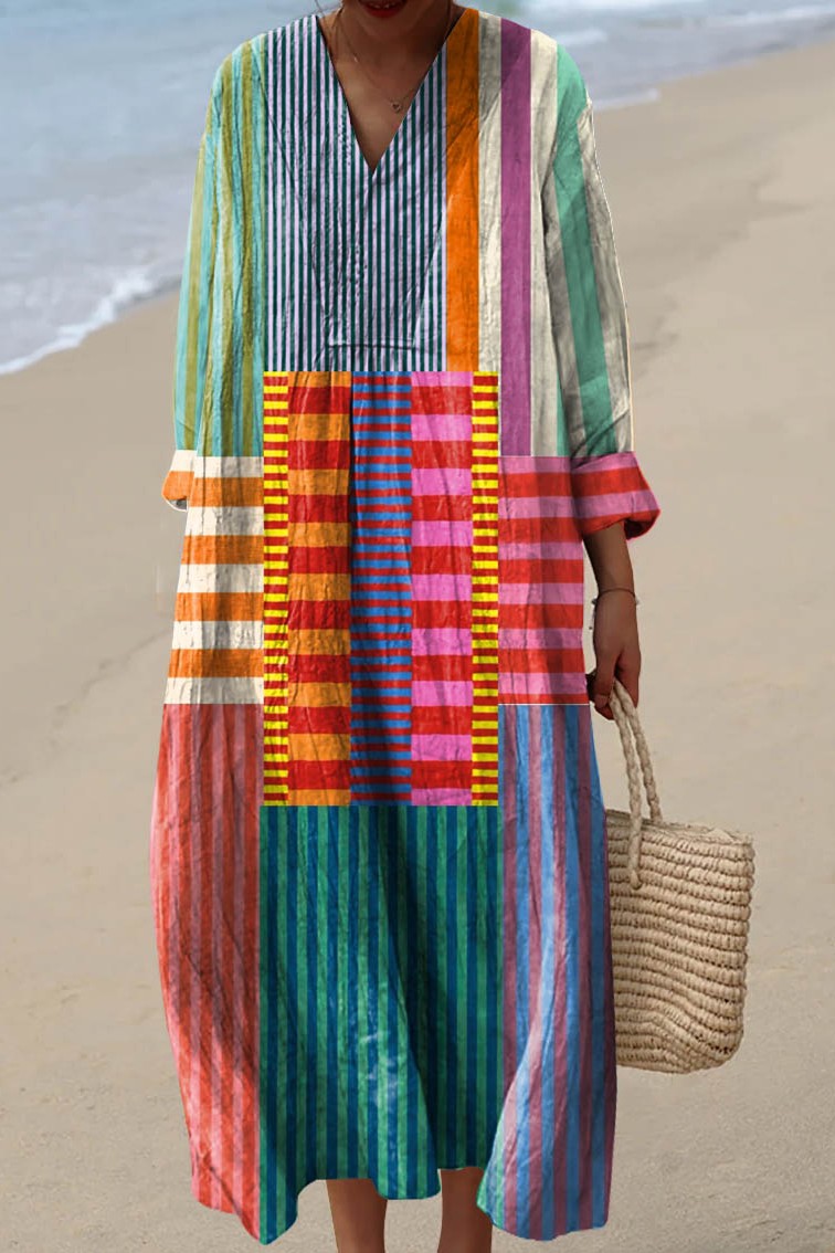 Multicolor striped V-neck midi dress with three-quarter sleeves and buttoned front