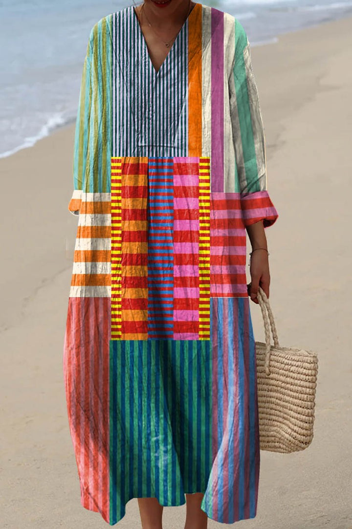 Multicolor striped V-neck midi dress with three-quarter sleeves and buttoned front